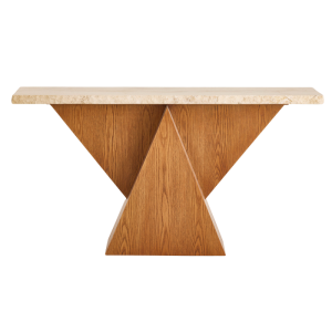Oak and Travertine Top Console Table