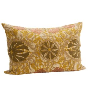 Suzani Embroidered Bolster: Mustard/ Pink